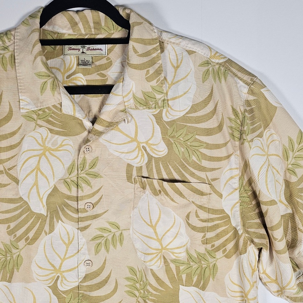 Tommy Bahama Shirt Mens L Tan Olive 100% Silk Tropical Leaf Print Camp Button Up